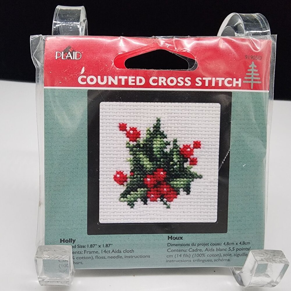 Mini Counted Cross Stitch Kit Holly With Frame By Plaid Red & Green Christmas